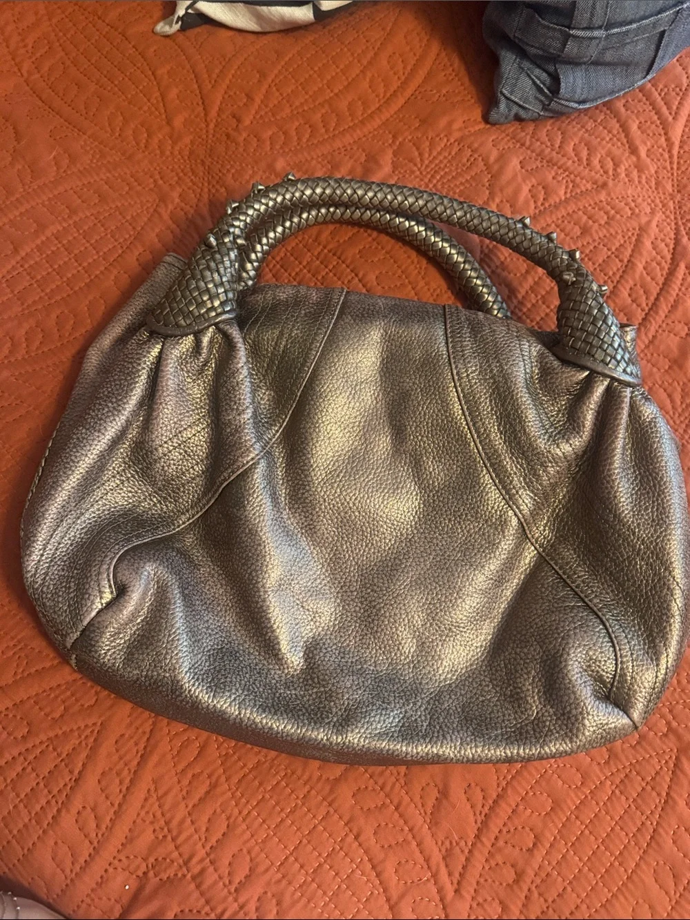 Fendi Spy Metallic Bronze Authentic Women's Woven-Handle Shoulder Bag